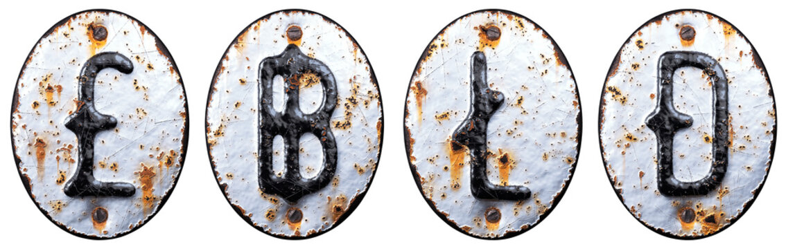 Set of symbols pound, baht, litecoin, dashcoin made of forged metal on the background fragment of a metal surface with cracked rust.