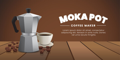 Moka pots, coffee maker with coffee cup and coffee beans on wooden table, vector illustration banner text space advertising