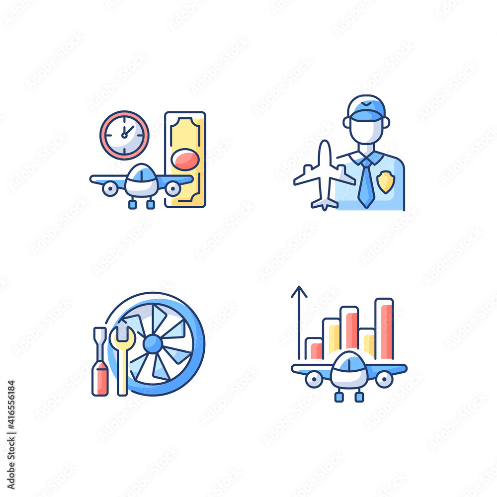 Sticker Aviation RGB color icons set. Aircraft maintenance. Airlines management improvement. Aviation security and fligts safety. Budget analysis. Aircraft rental. Isolated vector illustrations