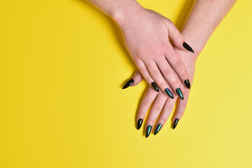 Female hands with new dark manicure on yellow background