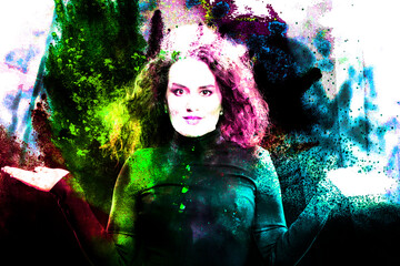 Abstract face of a girl in bright multi-colored splashes of paint.