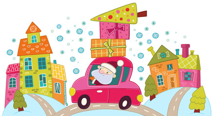 Obraz premium new year. Santa Claus carries gifts through the festive city