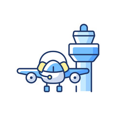 Flight dispatch RGB color icon. Air traffic control tower. Light aircraft. Controller pilot communication. Airlines management improvement. Safety flight. Isolated vector illustration