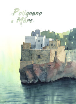 ancient village on the cliff painted in watercolor. Polignano a Mare, Puglia, Italy