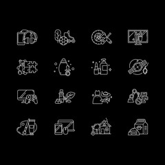 Online shopping category white linear icons set for dark theme. E commerce department. Night mode customizable thin line symbols. Isolated vector outline illustrations. Editable stroke