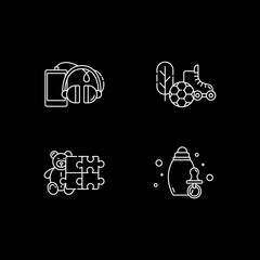 E commerce departments white linear icons set for dark theme. Online shopping categories. Night mode customizable thin line symbols. Isolated vector outline illustrations. Editable stroke