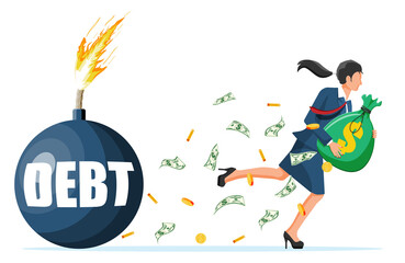 Businesswoman with big heavy sack full of cash run away from debt bomb. Business woman corporate slavery. Tax, debt, fee, crisis and bankruptcy. Flat vector illustration