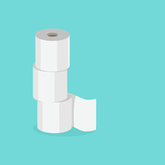 Toilet paper stacked rolls on a blue background. Copy space. Vector illustration in flat style