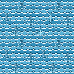 Seamless pattern of anchors on waves, dark blue. Nautical style vector pattern with anchors and waves.