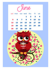 Calendar 2022. Cute owls and birds for every month. Wall vertical calendar for 2022, the week starts on Sunday. A4 format.