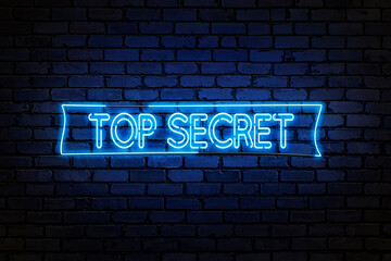 Obraz premium Top Secret neon light text on empty brick wall. Bright neon sign, banner
