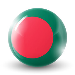 Glass light ball with flag of Bangladesh. Round sphere, template icon. National symbol. Glossy realistic ball, 3D abstract vector illustration highlighted on a white background. Big bubble.