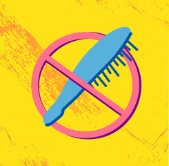 Vector element for curly girl method infographic. The hairbrush is crossed out with a prohibition sign.