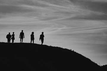 several mysterious stories of people and couples in one picture in shadows