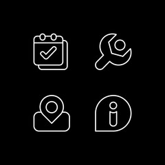 Smartphone interface white linear icons set for dark theme. Calendar. Settings menu. Maps. News. Night mode customizable thin line symbols. Isolated vector outline illustrations. Editable stroke