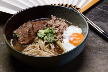 Japanese Kake udon noodles with braised pork