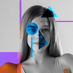 Young woman's portrait made of different pieces of faces, modern art collage. New vision of beauty and fashion, make up, hairstyle. Modern style, contemporary view of emotions, feelings.