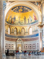 View of majestic fresco wall inside catholic church in Rome