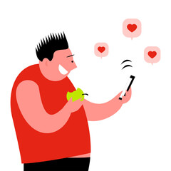 A man gets likes on social networks. In his hands an apple and a smartphone. Happy smile on your face. Vector isolated cartoon illustration on a white background.