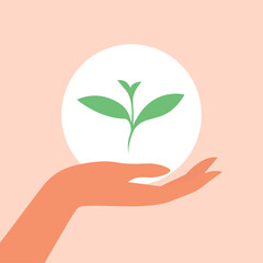 Fototapeta na wymiar The female hand carefully holds the green sprout of the plant. The concept of caring for the environment. Vector flat illustration.