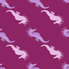 Minimalistic style seamless pattern with hand drawn seahorse doodle silhouettes. Purple background.