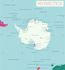 Antarctica editable map with countries cities and bases and geographic sites. Vector EPS-10 file