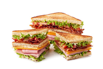 Sliced club sandwich on white