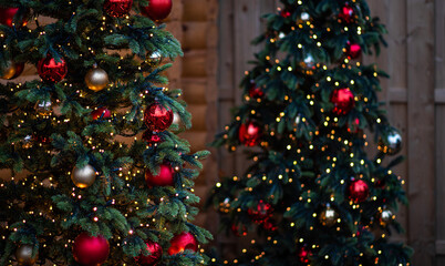 Christmas holidays decorations. Festive Christmas tree and decorations on streets of Maastricht, Netherlands.