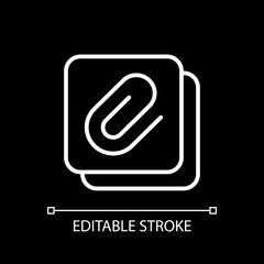 Enclosure white linear icon for dark theme. Attachment of data files. Sending images and videos. Thin line customizable illustration. Isolated vector contour symbol for night mode. Editable stroke