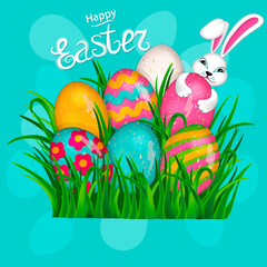 Greeting design for Easter holiday.Easter eggs decorated colorfull pattern in green grass and rabbit with long ears  . Vector template for banner,posters,cards,flyers and other users.