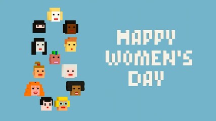 Happy Women's Day. 3D Rendered Illustration. Pixel Art Style