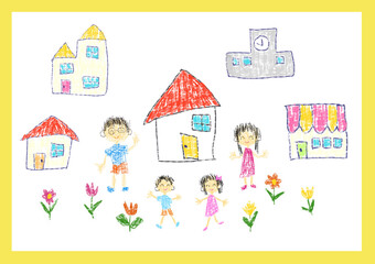 子供が書いたようなイラスト　クレヨン　色鉛筆　家族　マイホーム　お出かけ