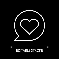 Heart white linear icon for dark theme. Social media communication. Favourite post. Thin line customizable illustration. Isolated vector contour symbol for night mode. Editable stroke