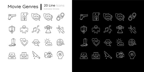 Film genres linear icons set for dark and light mode. Action comedy, drama movie. Cinema entertainment. Customizable thin line symbols. Isolated vector outline illustrations. Editable stroke - Powered by Adobe