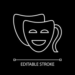 Comedy white linear icon for dark theme. Funny movie, humorous film, classic theater. Thin line customizable illustration. Isolated vector contour symbol for night mode. Editable stroke
