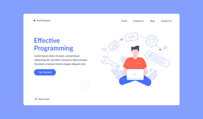 Effective programming landing page, vector work with script, office developer coding, business programmer development and writing illustration
