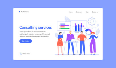 Consulting service for business, professional team landing page. Vector business team service consultant, professional consulting illustration