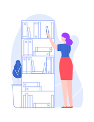 Woman office worker organizes folders in rack. Storage folder order, organization paper archive file record, information in bookshelf. Vector illustration