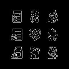 Natural cosmetics white linear icons set for dark theme. Cruelty free. Beauty industry. Night mode customizable thin line symbols. Isolated vector outline illustrations. Editable stroke