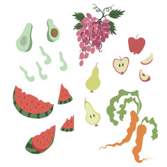 Vector of fruits and vegetables in hand-drawn style. Flat vector illustration, sketch style, design. 
Isolated on white background. For web, packaging, gist decoration. 