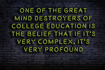 Night view of neon sign on brick wall. Wise qoutation.