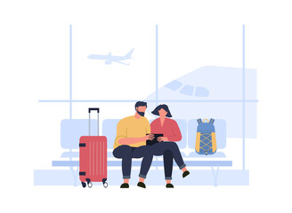 People wait boarding in airport terminal hall. Airport hall to boarding terminal, travel vacation and traveler, vector illustration