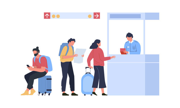 Queue For Passport Control, Concept Travel And Vacation. Queue Passenger To Airport Control, Vacation And Trip Check-in. Vector Illustration