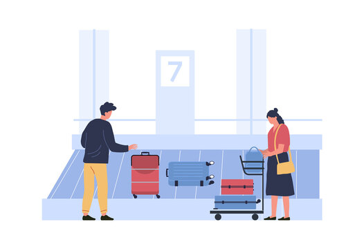 Luggage belt at airport, people pick up luggage. Vector airport and baggage to passenger, illustration bag carousel, and man looking for
