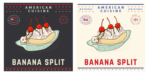 Banana split American ice cream dessert vintage illustration