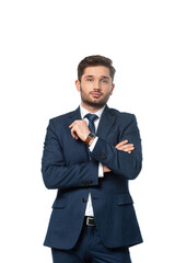 young businessman with crossed arms looking at camera isolated on white