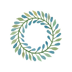 Wreath with watercolor green leaves and blue flowers