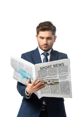 young businessman reading sport news newspaper isolated on white