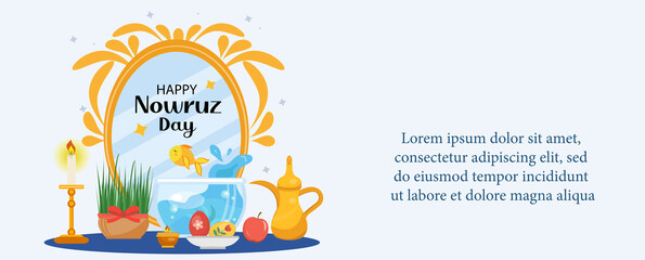 Happy Nowruz day greeting card, template for your design. New Year in Iran. Vector illustration, clip art.