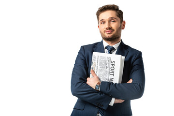 smiling businessman with newspaper looking at camera isolated on white